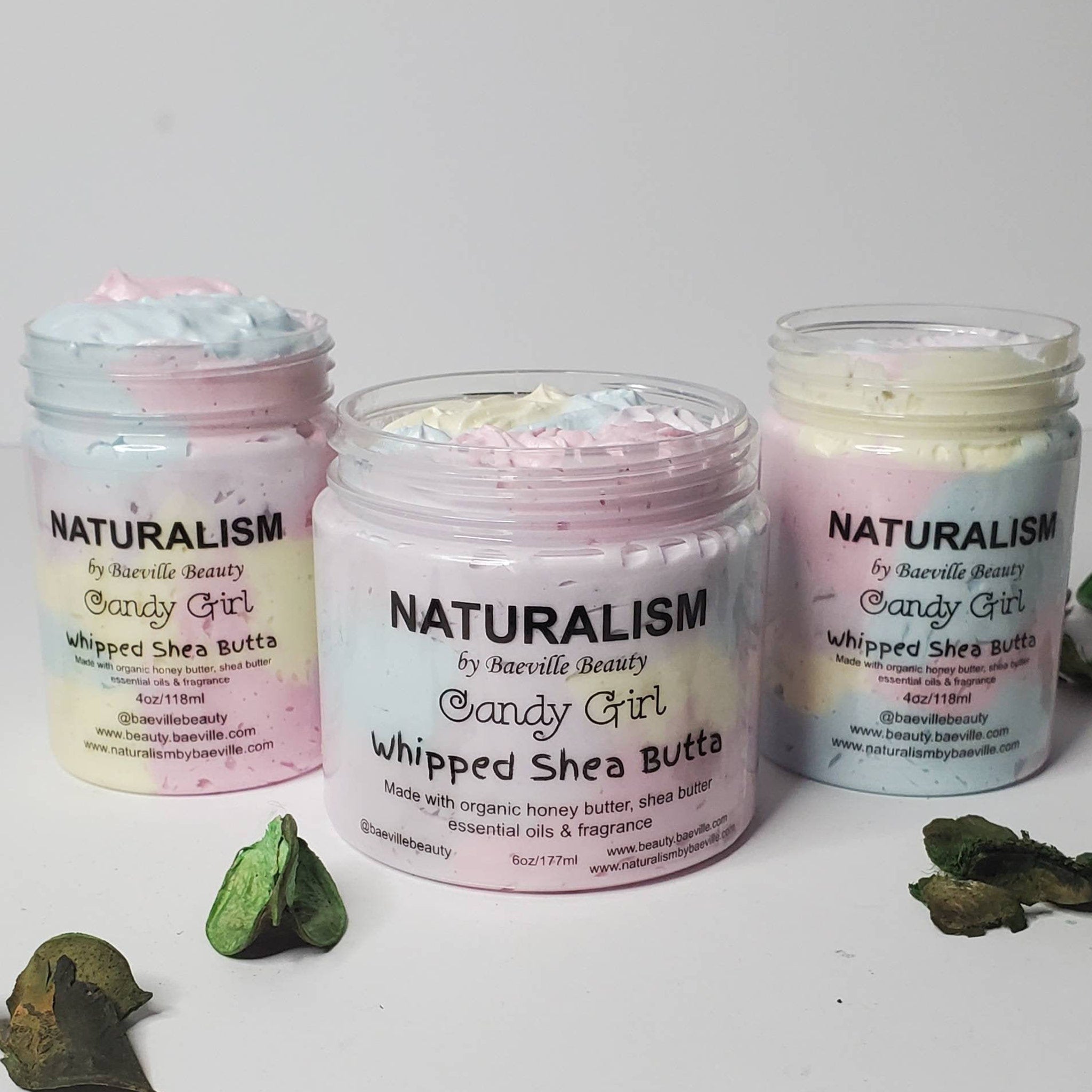 Whipped Shea Body Butter jars with pastel colors and Baeville Beauty branding