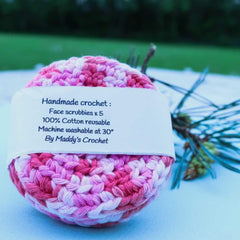 Crochet face scrubbies, pink and white cotton, handmade by Maddy's Crochet