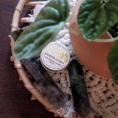 Lip balm tin with Lush & Wild branding, white and gold, with crystals, and plant leaves