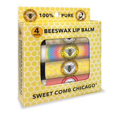 Beeswax lip balm set in yellow box with honeycomb pattern and Sweet Comb Chicago branding