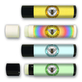 Lip balm tubes with black caps, SweetCombChicago label, and honeycomb pattern design