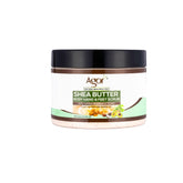 Shea butter scrub jar with black lid, white label, and Agor brand name