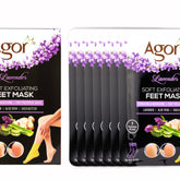Foot mask product packaging with purple floral design, black background, and Agor brand text
