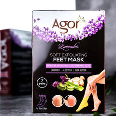 Feet mask box with purple floral design, black background, and Agor brand text