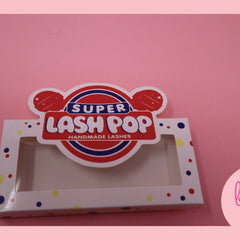 Lash box with red, blue, and yellow polka dots, and Super Lash Pop logo on white box