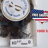 Premade eyelash fans, black synthetic material, in clear container, 9D label visible