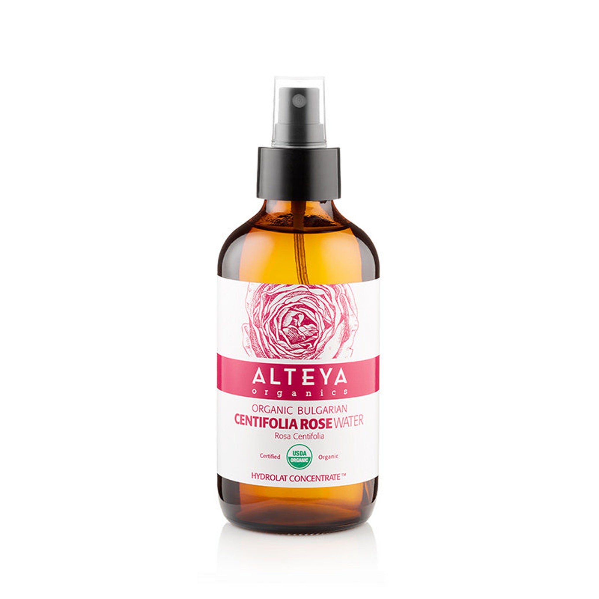 Toner spray bottle, amber glass, black cap, with Centifolia label
