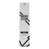 Facial cleanser bottle, white and black design, BRAHSTON brand text visible on packaging