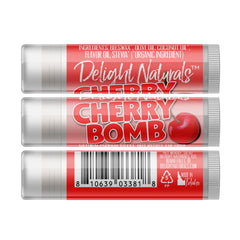 Cherry lip balm with red and white packaging, Delight Naturals brand name visible