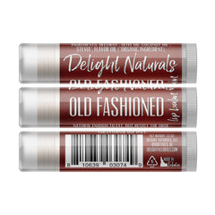 Lip balm tubes with white and brown labels, Delight Naturals branding, and barcode for external use