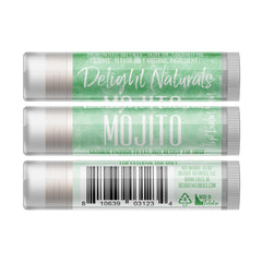 Lip balm tubes with green and white labels, "Delight Naturals" text, and "Mojito" flavor listed