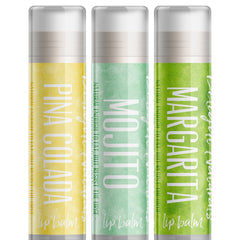 Lip balm set with yellow, green, and white tubes, Delight Naturals brand name visible