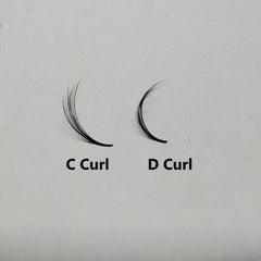Eyelash extensions comparison, black fibers, C Curl and D Curl styles, Kimeyelashes text