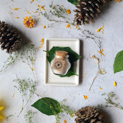 Glass jar with cork lid, beige powder, and brown tag on white ceramic tray with greenery