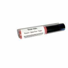 Lipstick tube with red tint, black cap, and Rose Silk label on white background