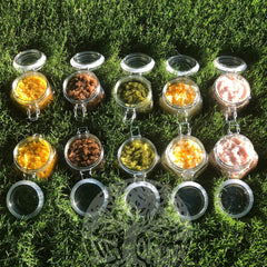 Body scrubs in glass jars, various colors and textures, on green grass background