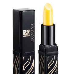 Lipstick with yellow balm, black case with gold zebra pattern, Legend Age brand