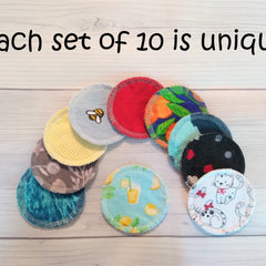 Reusable facial rounds with assorted patterns and colors, including floral and animal prints, with white stitching
