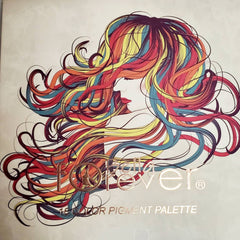 Pigment palette with colorful illustration of woman's hair, gold text, and beige background