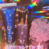 Lip kit with blue glitter lip gloss, pink lip scrub, and Jolei NY text
