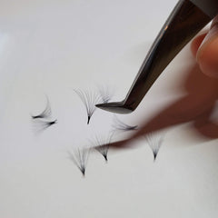 Eyelash extensions being held by silver tweezers on white surface, black lashes fanned out