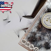 Eyelash extensions black fan lashes with clear packaging and tweezers holding one fan