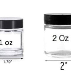 Glass jars with black lids, clear glass, and size labels 1 oz and 2 oz