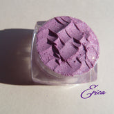 Mineral eyeshadow, lavender purple sparkly pigment in clear jar, Erica logo visible
