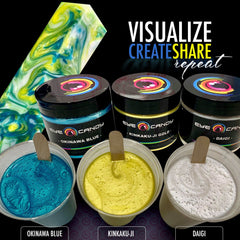 Side view of golden yellow mica pigment powder in a small glass jar with black lid, showcasing shimmer texture