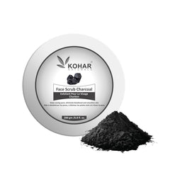 Face scrub charcoal in black powder form with white circular container, Kohar Naturals brand