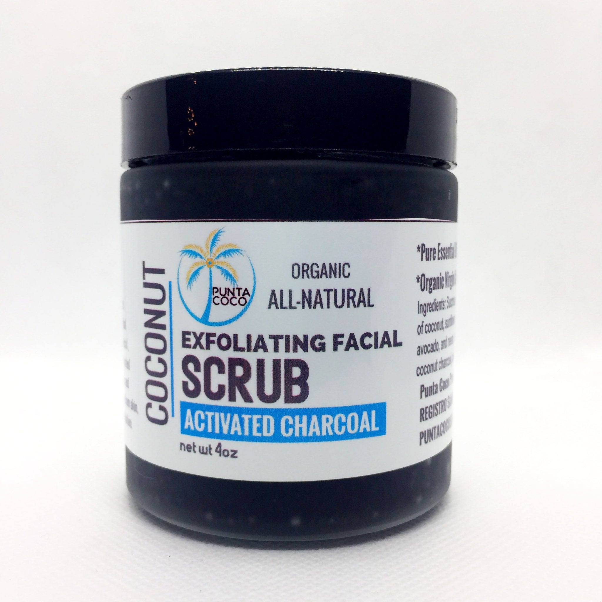 Coconut charcoal exfoliating scrub jar, black lid, white label, Punta Coco brand