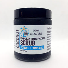 Coconut charcoal exfoliating scrub jar, black lid, white label, Punta Coco brand
