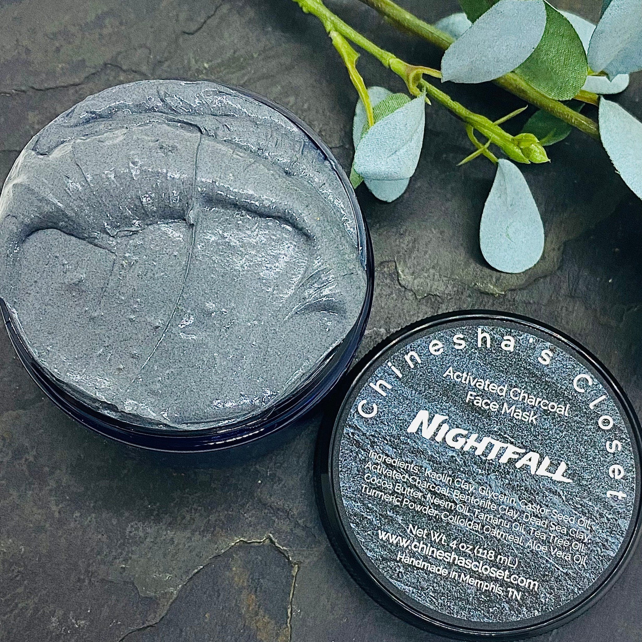 Activated charcoal face mask, gray jar with dark gray mask, Chineshasclosetllc Nightfall label visible