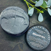 Activated charcoal face mask, gray jar with dark gray mask, Chineshasclosetllc Nightfall label visible