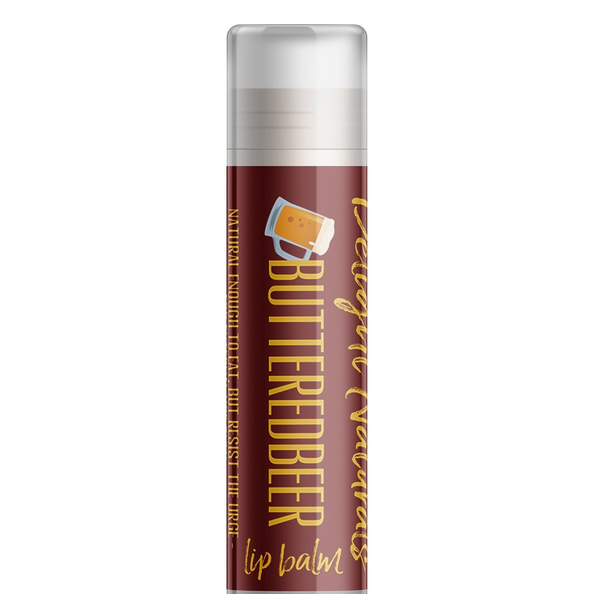 Lip balm tube with brown and white cap, "Butterbeer" text, Delight Naturals brand