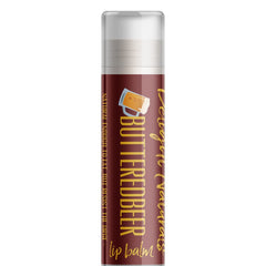 Lip balm tube with brown and white cap, "Butterbeer" text, Delight Naturals brand