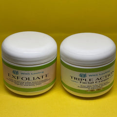 Facial cream jars, white plastic with green and tan labels, on yellow textured background With Loving brand