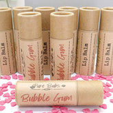 Lip balm tubes in brown cardboard with Bubble Gum text, Pure Bubs brand visible