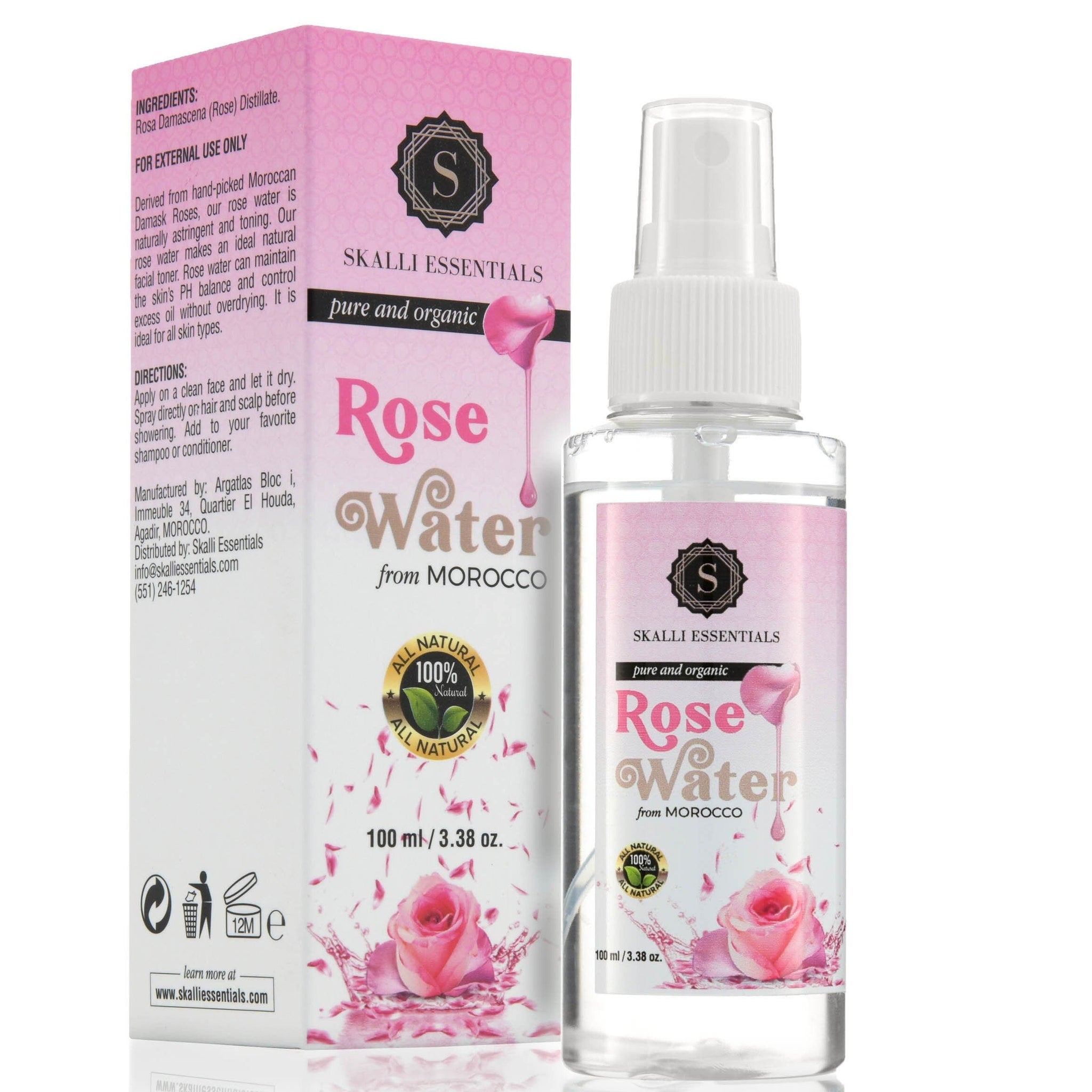Rose water toner bottle with pink label, white cap, and Skalli Essentials brand