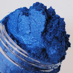 Mineral eyeshadow, deep blue shimmer powder in clear jar, Crush brand
