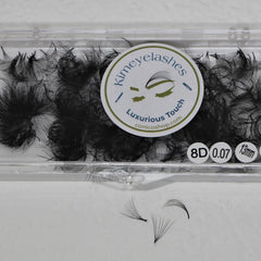 Eyelash extensions black fans in clear case with Kimeyelashes logo, 8D 0.07 lashes