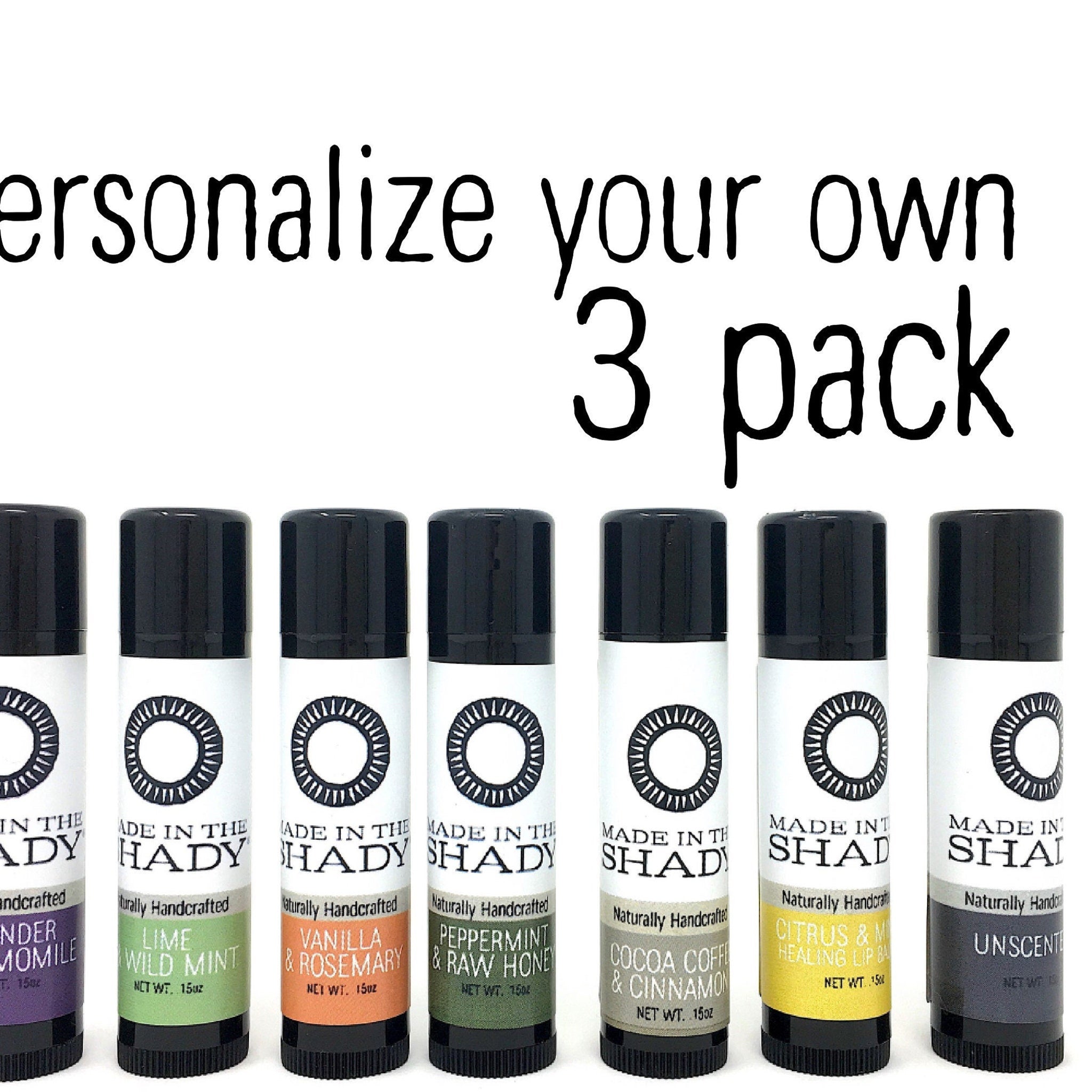 Lip balm gift set with black caps, white tubes, and MADE IN THE SHADY text