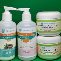 Sunscreen and moisturizer bottles, white plastic with printed labels, brand "With Loving" visible, against green background
