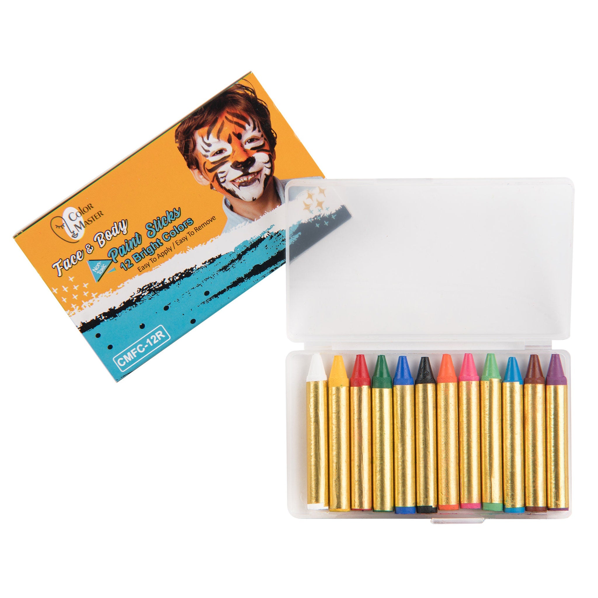 Face paint crayons, bright colors, gold wrapped crayons in a plastic case, ColorMaster brand