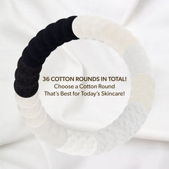 Cotton rounds in black, white, and cream, arranged in a circle, on white fabric background.