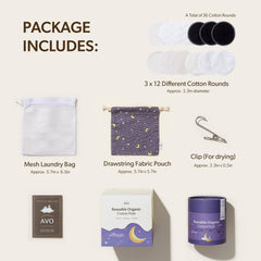 Reusable cotton pads package with white, black, and patterned rounds, AVO brand visible