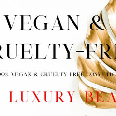 Vegan cosmetics advertisement with black and red text on white background and gold leaf detail