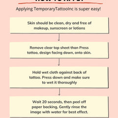 Temporary tattoo application guide with cream boxes, black text, and pink background.