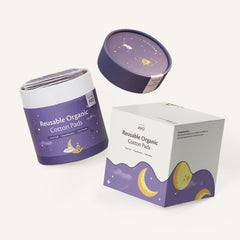 Reusable cotton pads in purple and white packaging with moon and star graphics, AVO brand