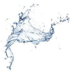 Water splash, clear blue liquid, dynamic shape with droplets, isolated on white background